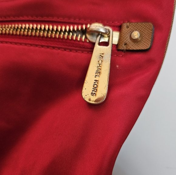 Michael Kors Red Nylon & Brown Slim Crossbody Shoulder Bag Purse Handbag - Picture 3 of 7